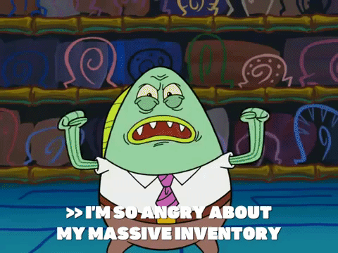 An animated fish wearing a suit saying "I'm so angry about my massive inventory."