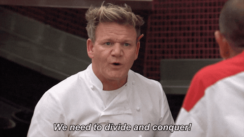 A man wearing a chef's coat saying, "We need to divide and conquer."