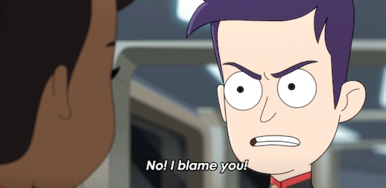 A man yelling, "No! I blame you!" and a woman yelling, "And I blame you right back!"