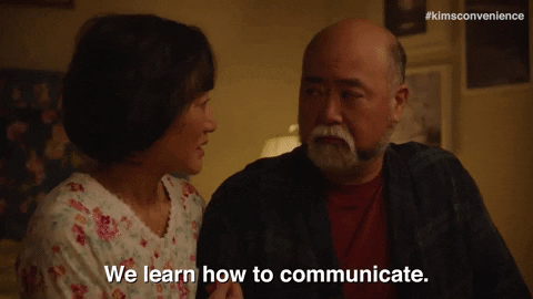A woman telling a man, "We learn how to communicate."
