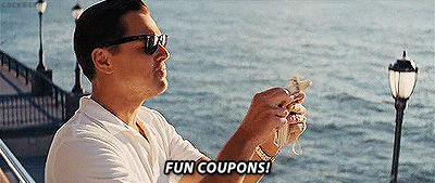 A man throwing money and saying, "Fun coupons."