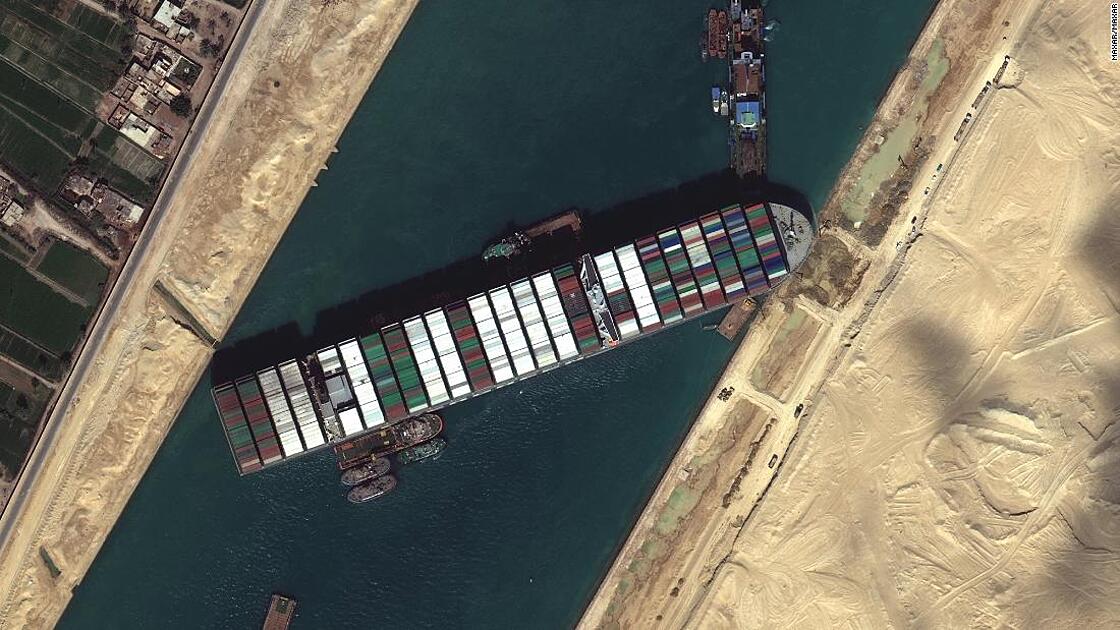 A satellite image of the Ever Given blocking the Suez canal