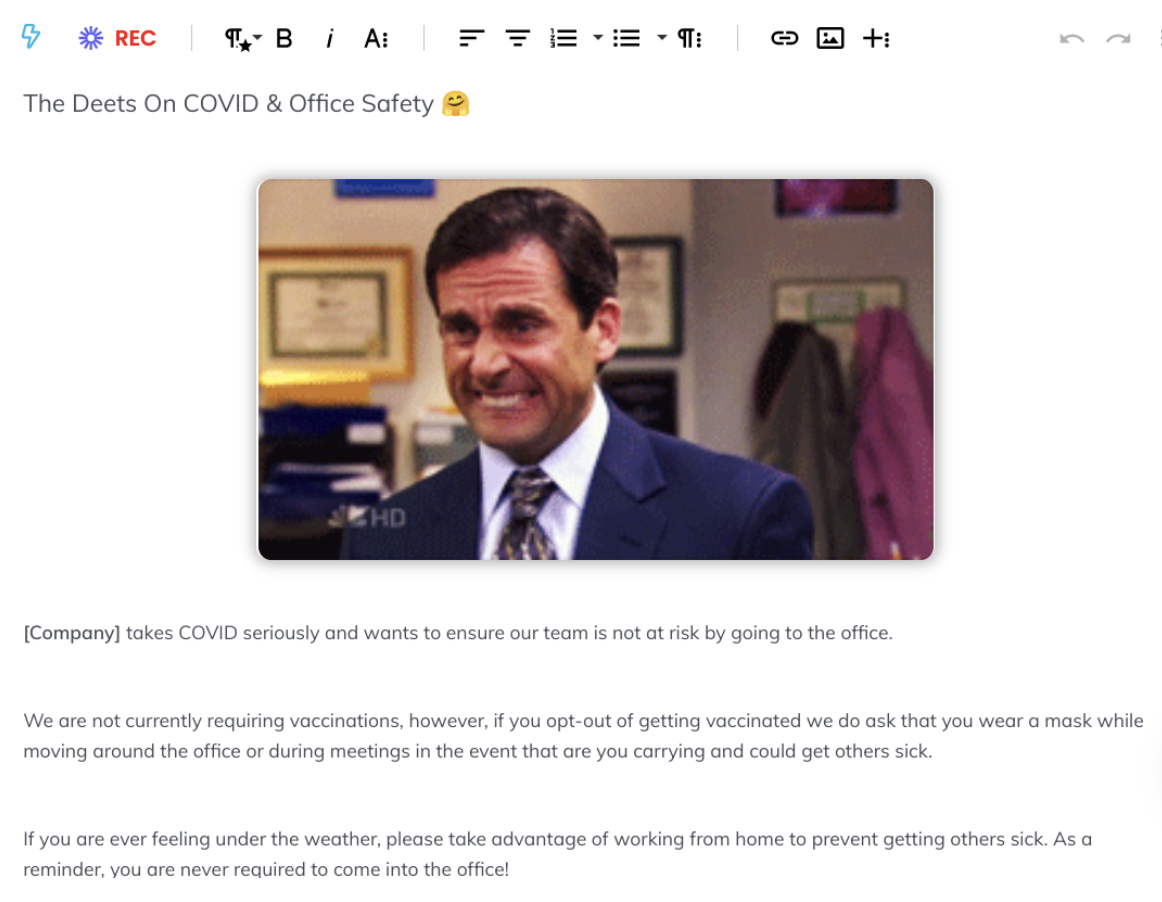 Software screenshot to set up policy on "The Deets On COVID & Office Safety"