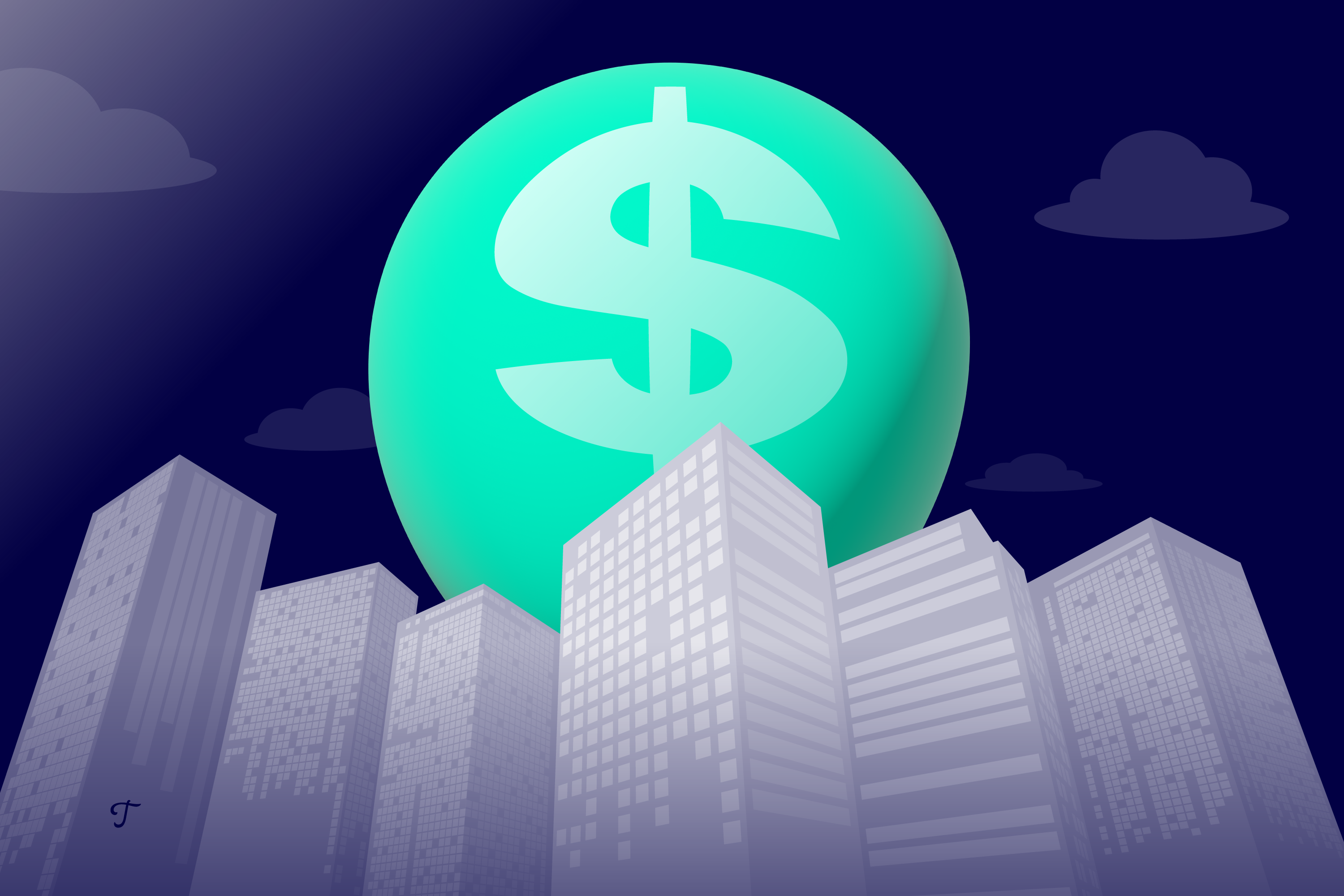 A giant green balloon with a $ sign rising over city buildings.