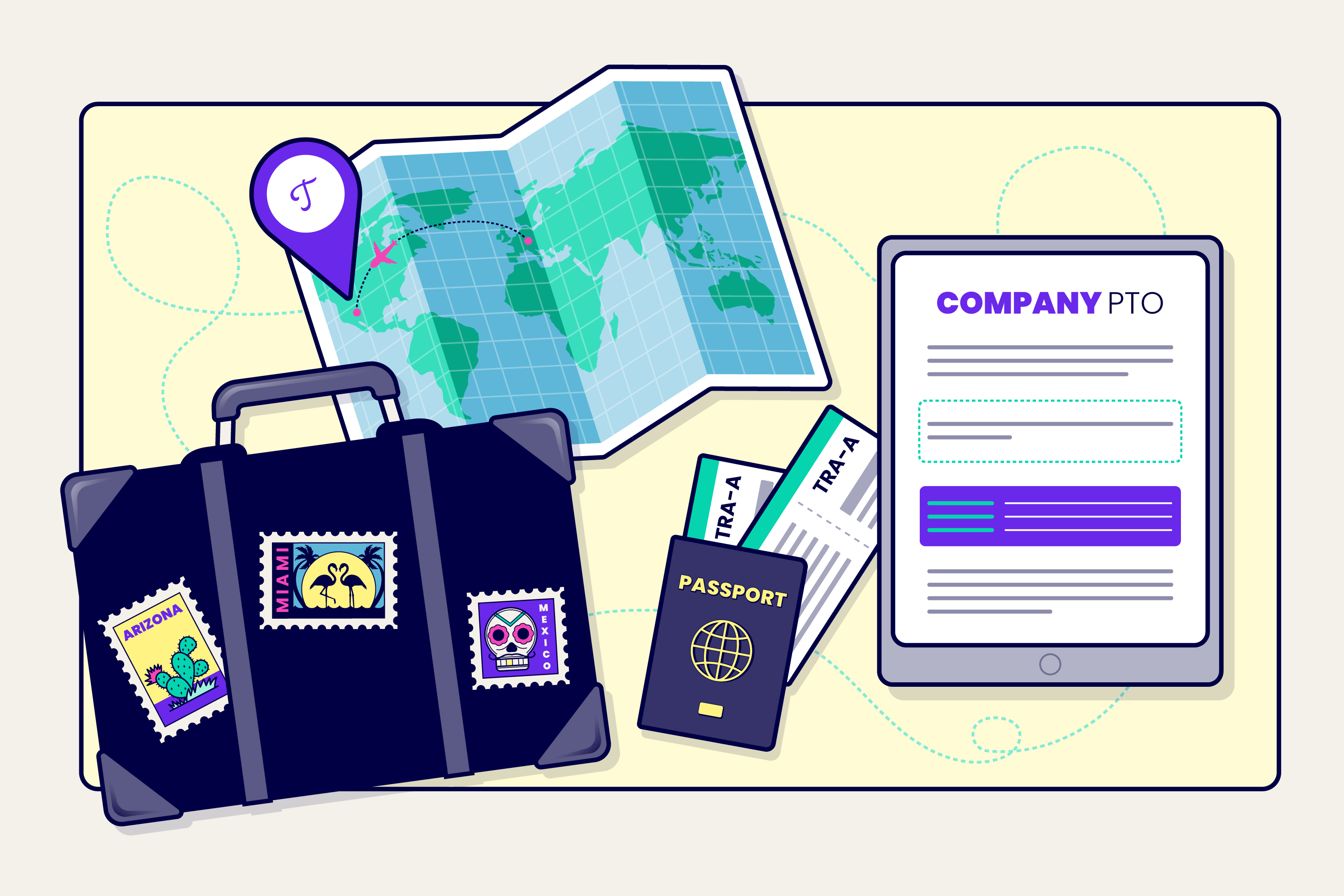 A map, briefcase, plane tickets, and a company PTO policy.