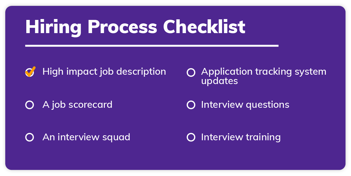 Hiring process checklist, from high impact job description to interview questions.