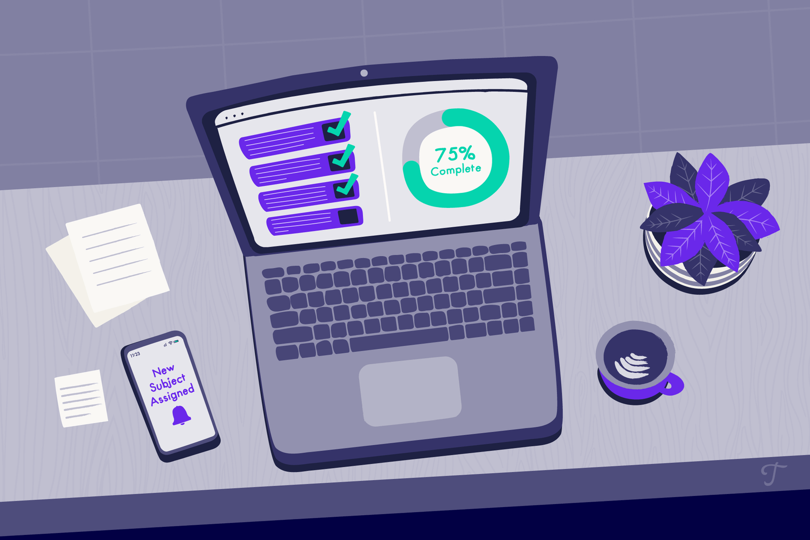 Laptop featuring a 75% completion rate.