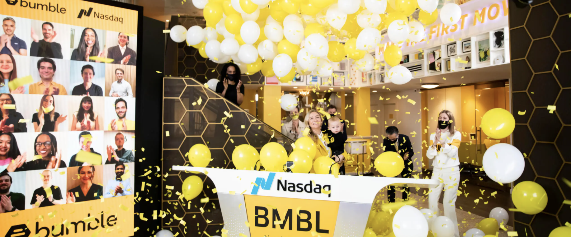 Bumble CEO and team celebrating going public